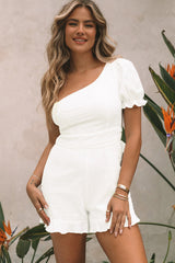 White One-shoulder Puff Sleeves Romper with Ruffle Trim