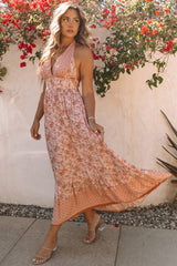 Pink Flora Print Halter Neck Tie Back Maxi Dress
