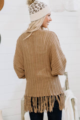 Khaki Fringe Open Front Knit Cardigan