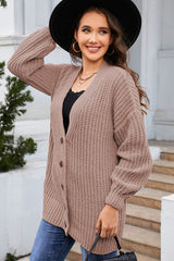 Khaki Buttoned Front Drop Shoulder Knitted Cardigan