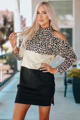 Leopard Color Block Cold Shoulder Shift Mini Dress