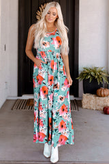 Sky Blue Boho Print Sleeveless High Waist Long Floral Dress