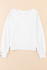 White Knitted V Neck Buttoned Cuffs Sweater