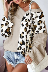 Khaki Asymmetric Leopard Patchwork Wide Sleeve V Neck Sweater