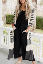 Stripes Mixed Stripes Pocketed Split Long Cardigan