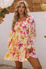 Yellow Square Neck Puffy Sleeve Tiered Floral Dress