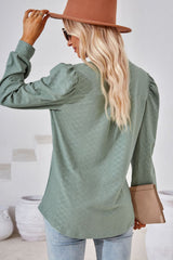 Green Jacquard V Neck Bishop Sleeve Top