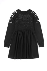 Black Rhinestone Ruffled Hollow Out Mini Dress