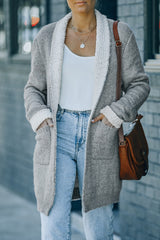 Gray Long Pocketed Open Front Knit Cardigan