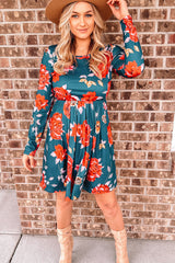 Blue Floral Pleated Long Sleeves Dress