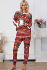 Red Reindeer Geometric Print Top and Skinny Pants Lounge Set