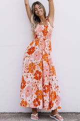 Orange Shirred Lace-up Strap Sleeveless Floral Maxi Dress
