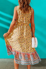 Yellow V Neck Buttoned Sleeveless Floral Dress