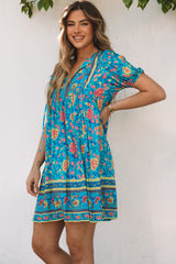 Blue Floral Print Empire Waist Flowy Dress