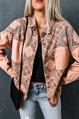 Pink Geometric Print Ripped Shirt Jacket with Pockets