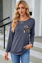 Blue Leopard Patch Detail Long Sleeve Top