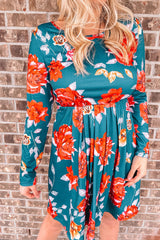 Blue Floral Pleated Long Sleeves Dress