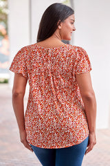 Red Floral Printed Lace Trim Plus Ruffle Sleeve Blouse