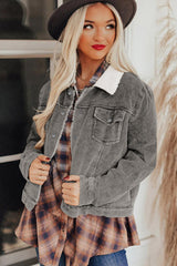 Gray Corduroy Sherpa Snap Button Flap Jacket