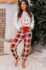 White Christmas Smile Face Print Top and Plaid Pants Lounge Set