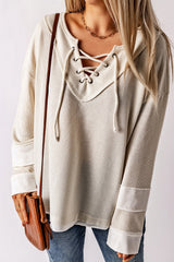 Beige Criss Cross Front Tie V Neck Top