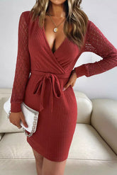 Red Lace Splicing Lace-up Wrap V Neck Mini Dress