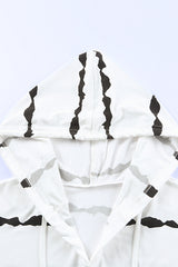 White Striped Drawstring Button Long Sleeve Hoodie