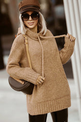 Brown Cowl Neck Drawstring Pullover Hooded Sweater