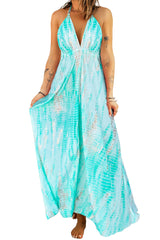Green Tie Dye Print Lace-up Halter Open Back V Neck Maxi Dress
