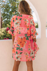 Pink Floral Print Ruffled 3/4 Sleeve Loose Fit Kimono