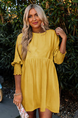 Yellow Solid Shirred Cuffs Short Swing Dress