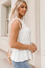 White Split Neck Drawstring Waist Sleeveless Shirt
