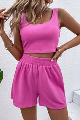 Rose Rib Knitted Sleeveless Crop Top and Elastic Waist Shorts Set