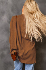 Brown Waffle Knit Open Front Rounded Hem Cardigan