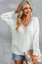 White Cable Puff Sleeve Lace V Neck Sweater