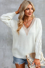White Cable Puff Sleeve Lace V Neck Sweater