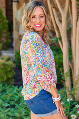 Multicolor Plus Size Geometric Print Notched V-Neck Blouse