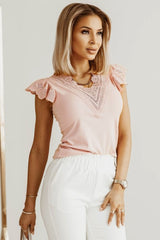 Pink Contrast Lace Scalloped Neck Petal Sleeves Top