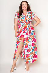 Rose Wrap V Neck Short Sleeve Floral Maxi Dress