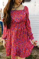Red Square Neck Spring Floral Dress