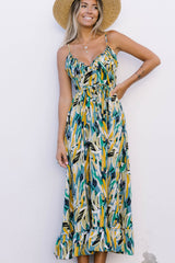 Green Abstract Printed Spaghetti Straps Ruffle Maxi Dress