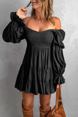 Black Boho Solid Shirred Ruffle Mini Dress