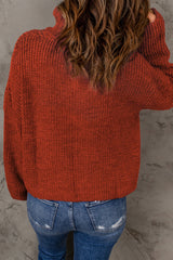 Red Zipped Turtleneck Drop Shoulder Knit Sweater