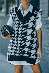 Black Houndstooth Sweater Vest with Slits
