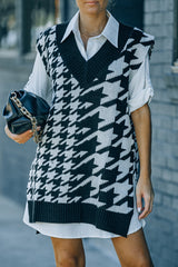 Black Houndstooth Sweater Vest with Slits