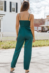 Green Spaghetti Straps Cowl Neck Satin Jumpsuit