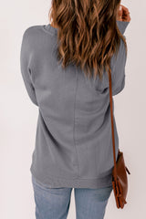 Gray Ribbed V Neck Drop Shoulder Sweatshirt