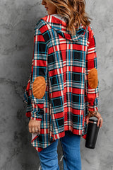 Suede Elbow Patch Hooded Plaid Cardigan