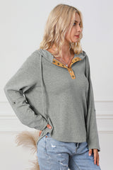 Gray Quarter Buttoned Drawstring Pullover Hoodie