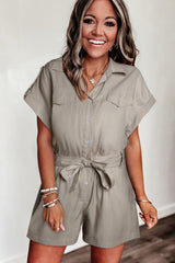 Gray Buttoned Pockets Lace-up Belt High Waist Romper
